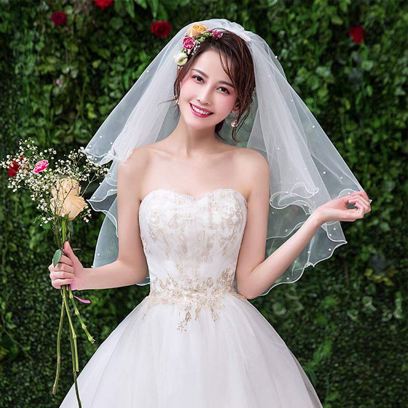 Korty Wedding Veil,White Bridal Veil with Comb, 3 Tier Ribbon Edge with Pearl Center Cascade for Bachelorette Party(White-3 Tier) - Image 3